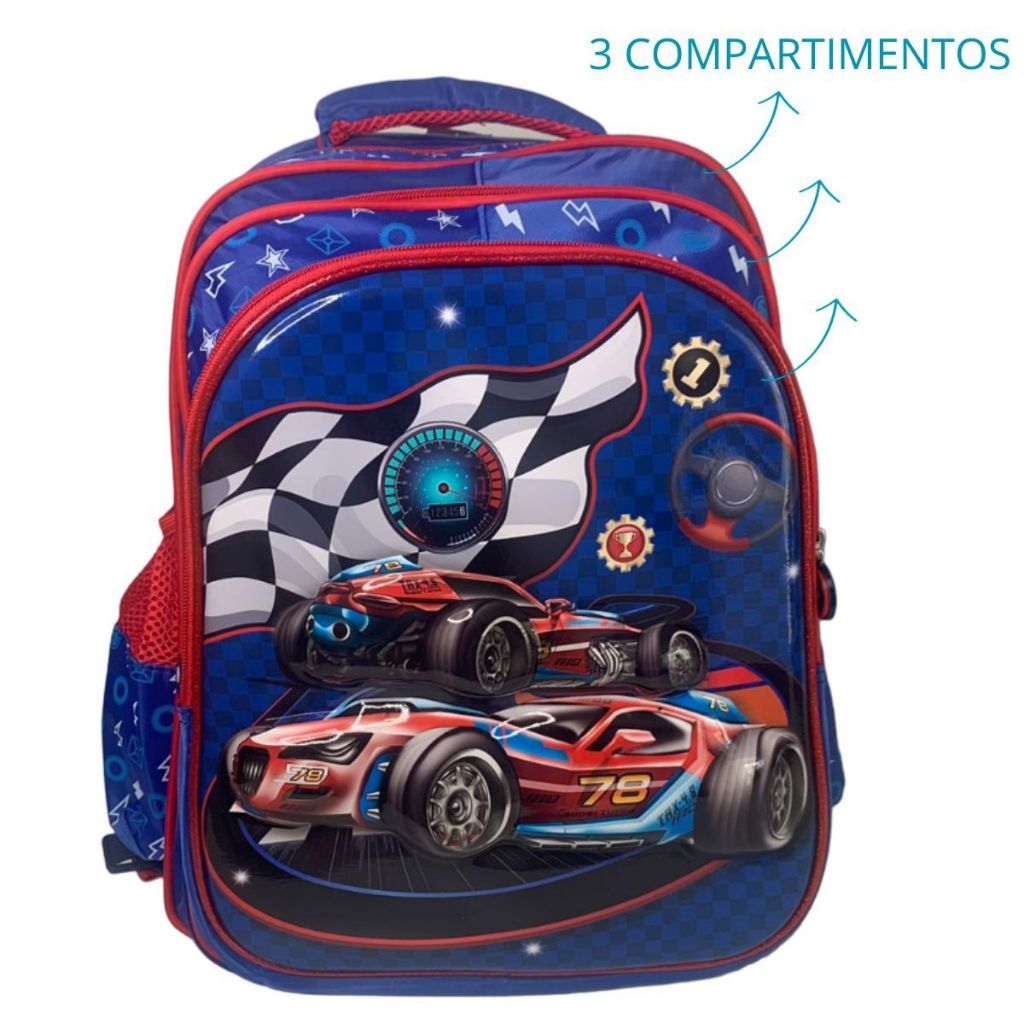 Mochila Grande Escolar Infantil Menino 3D Bolsa Resistente Carros