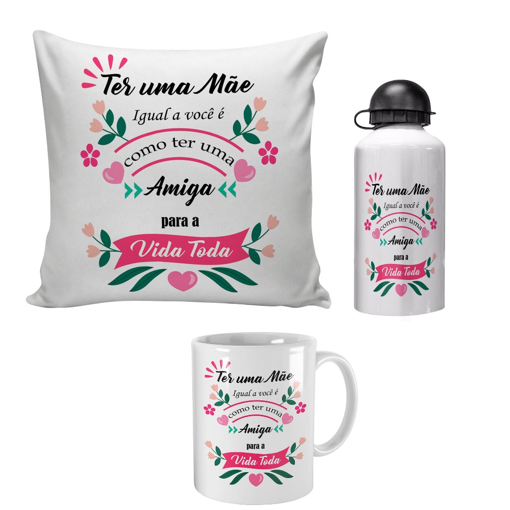 kit floral personalizado caneca almofada e garrafinha de agua squeeze para presente de aniversário mãe enteada dinda vó bisavó prima irmã tia cunhada comadre nora sogra madrasta babá namorada esposa filha