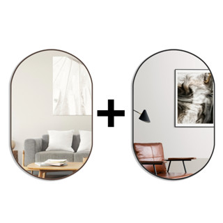 Kit 2 Espelhos Oval Com Borda em Couro + Suporte Decorativo Quarto Sala Banheiro