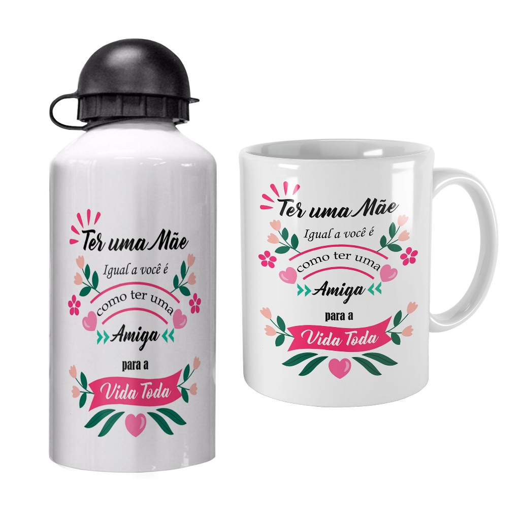 kit floral personalizado caneca e garrafinha de agua squeeze para presente de aniversário mãe enteada dinda vó bisavó prima irmã cunhada comadre nora sogra madrasta babá namorada esposa filha