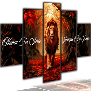 Quadros Decorativos Mosaico Leão Paisagem Nunca Foi Sorte Sempre Foi Deus 5 Peças Sala Quarto Promoção