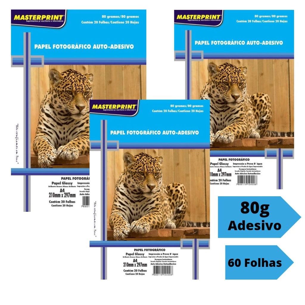 Papel Fotográfico Adesivo 80g Glossy 60 folhas Brilhante A4 À Prova D'água Masterprint