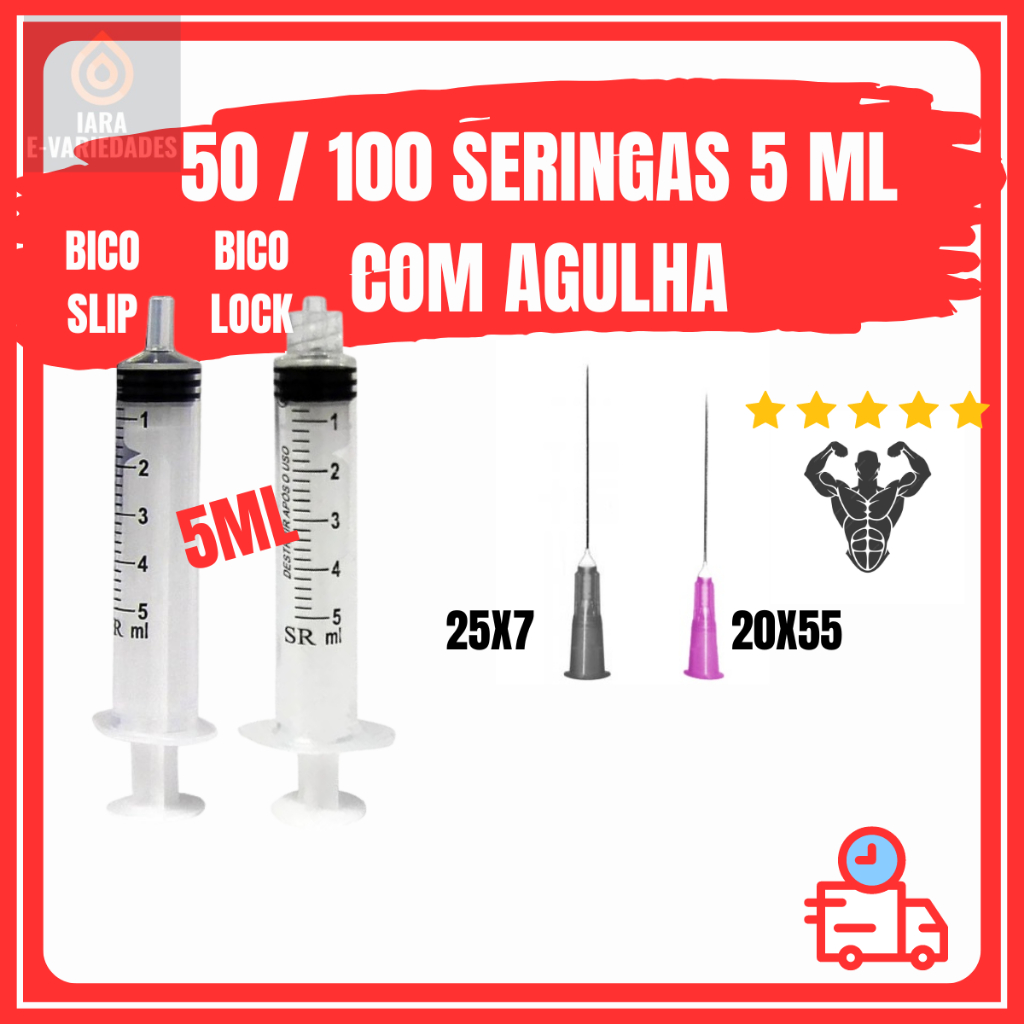 50 / 100 Unidades de Seringa de 5ml Slip ou Lock com agulha com 25x7 (Cinza/ Preta) ou 20x55 (Roxa / Lilas)