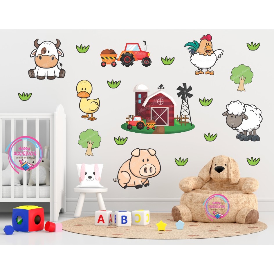 Adesivo Decorativo Parede Animais do Campo Fazenda Zoo Safari Colante Decoração Fazendinha Infantil