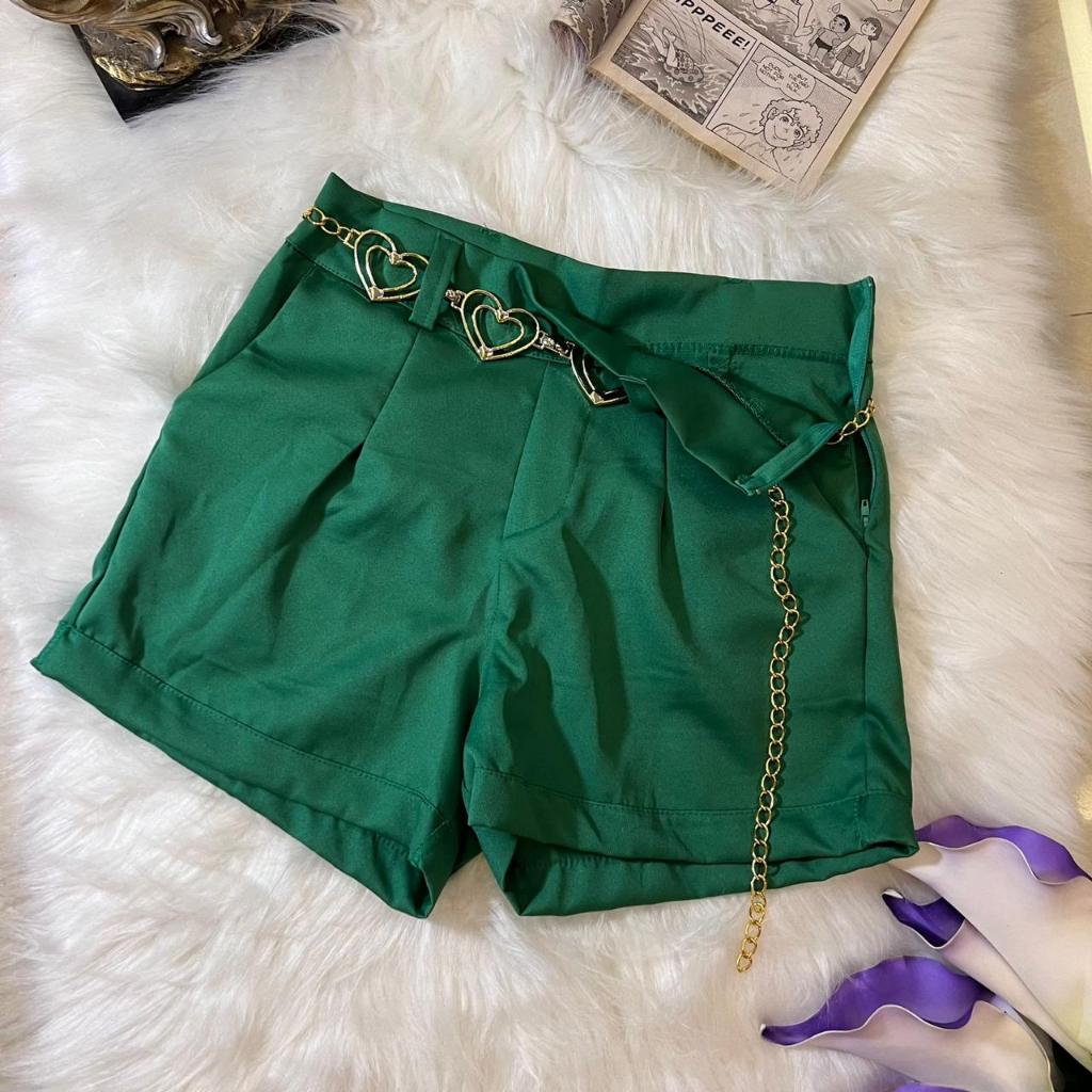 H MODA Short alfaiataria simples feminina com cinto de coração e com bolso, de ziper por lado