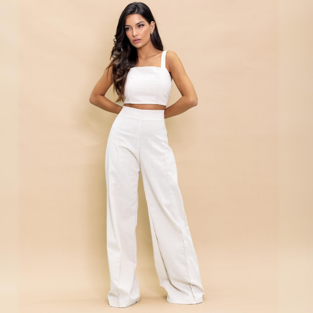 Conjunto Linho Pantalona Wide Leg e Blusa alça corte alfaiataria Feminino Casual Social Elegante