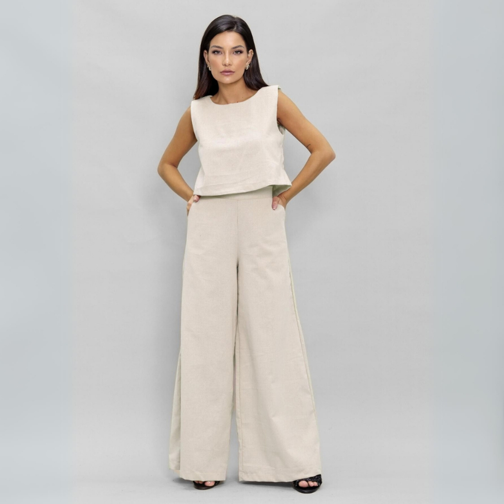 Conjunto Pantalona Linho e Blusa Wide Leg Alfaiataria Minimalista Elegante