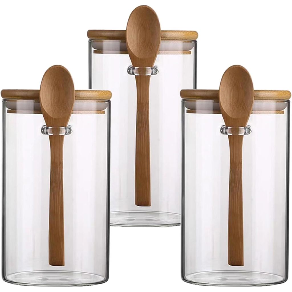 PROMOÇÃO 03 Potes Vidro 8,5 x 20 cm = 1000ml Borossilicato Hermético Tampa Bambu Colher Bambu