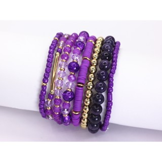 Estilo Boêmio Doce Vintage Feminina Praia Roxo Rosa Cristal Macio Cerâmica Contas de Arroz Elástico Conjunto de Pulseira de Contas