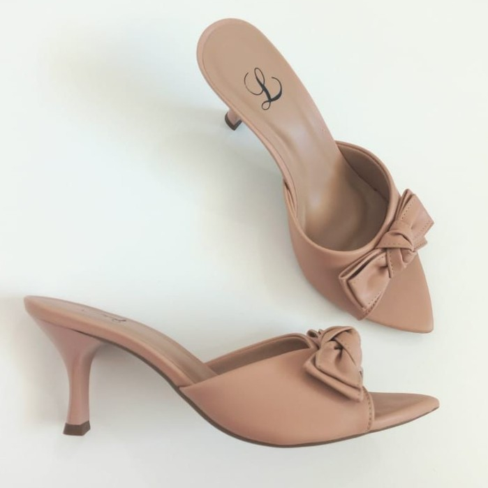 Tamanco Feminino Bico Folha Laco Nude Moda Sandalia Mulher Salto Fino