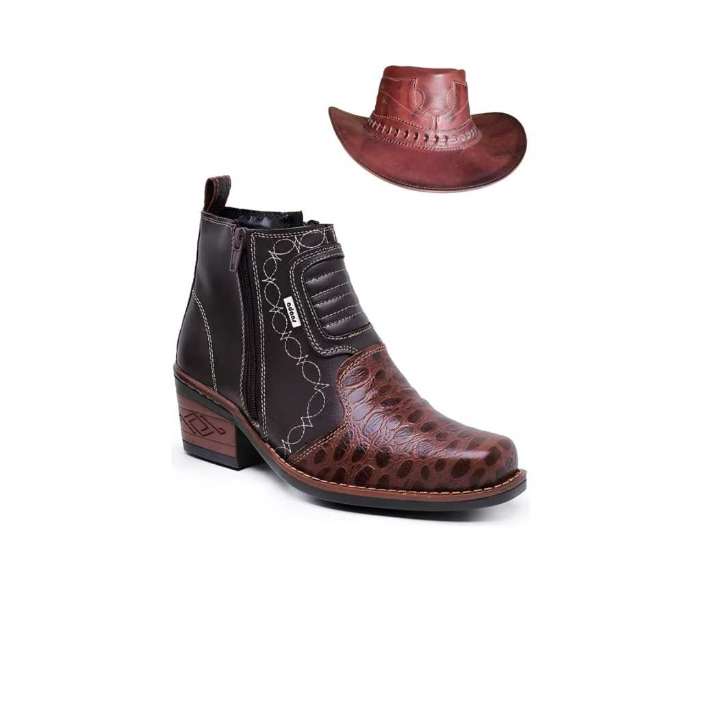 Kit Bota Country Texana com Chapéu Rodeio Masculino Couro