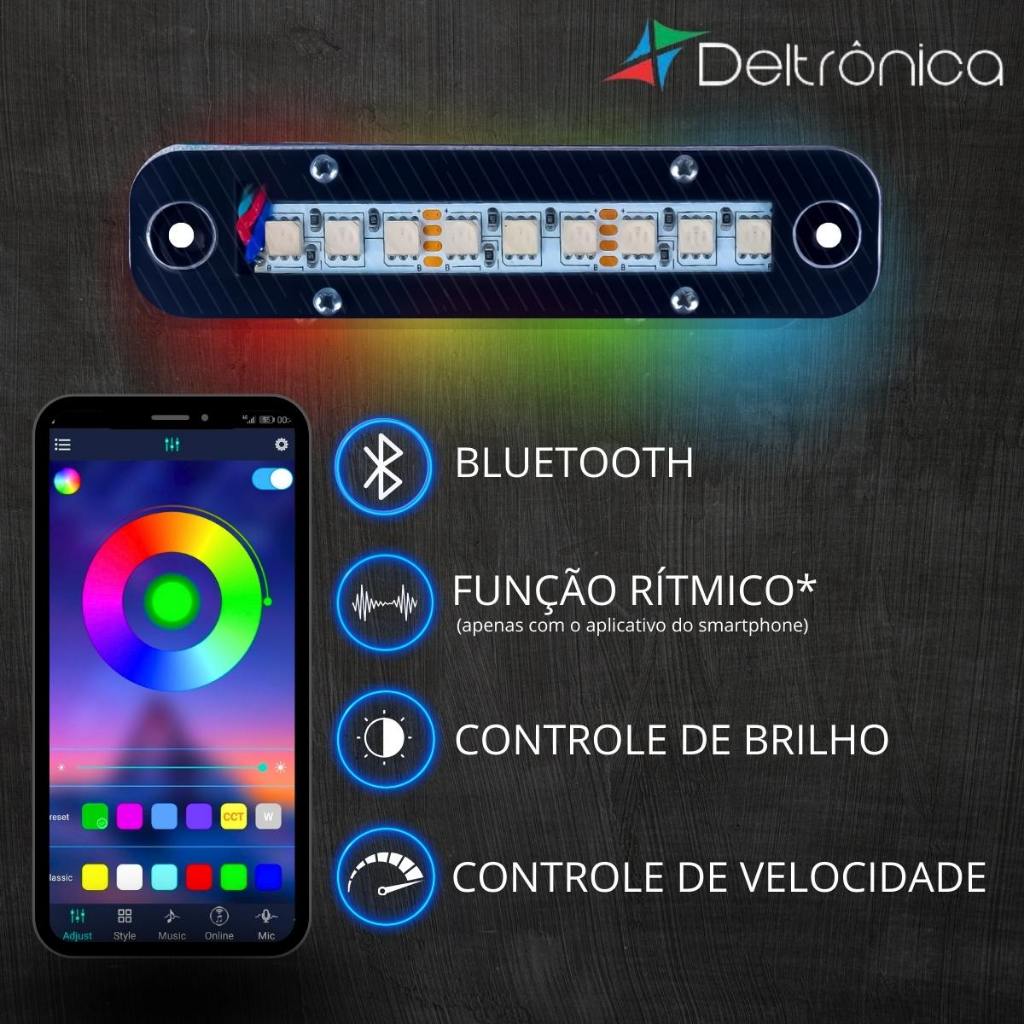 Kit Super Strobo LED Deltrônica Bluetooth RGB 2 Faróis 12V P/ Som Automotivo Carro Festa Tuning Flash