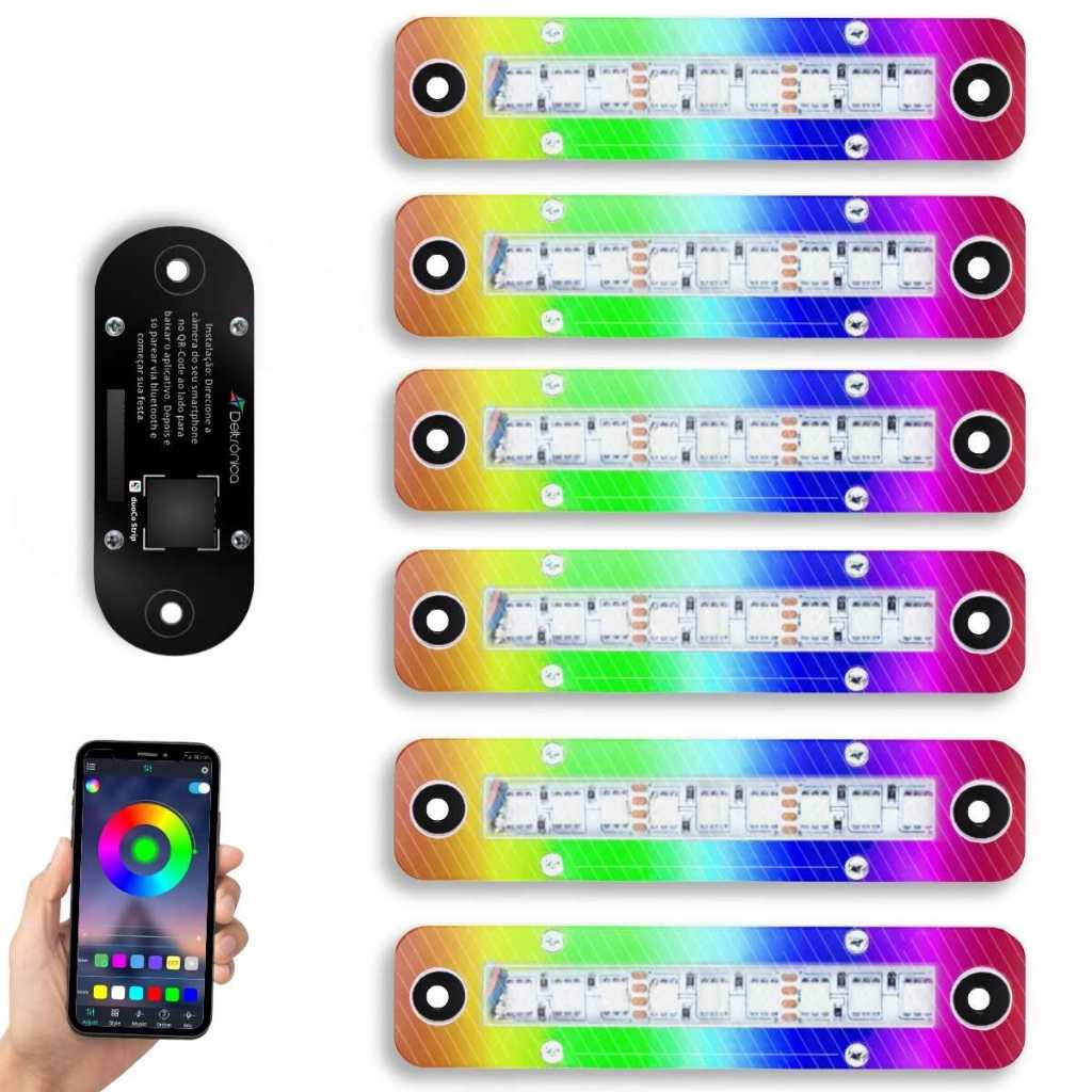 Kit Super Strobo LED Deltrônica Bluetooth RGB 6 Faróis 12V P Som Automotivo Carro Festa Tuning Flash