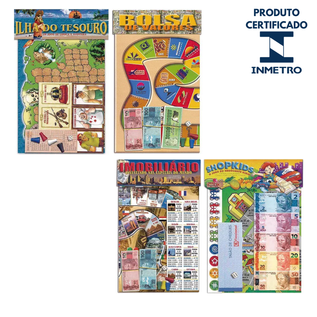 Kit 4 Jogo Tabuleiro Bolsa De Valores + Ilha Do Tesouro + Banco Imobiliário + Shopkids - Brinquedo