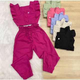 Conjunto Feminino Infantil Cropped e Calça Fru-Fru Linho Moda Blogueirinha do 04 ao 10