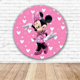 Capa para Painel Redondo Minnie Rosa Tecido Sublimado Veste Fácil 1,50mx1,50m Festa Aniversário