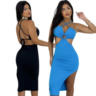 Vestido Midi Canelado Fenda Lateral Feminino Ribana Moda Gringa Tubinho Novidade Blogueira