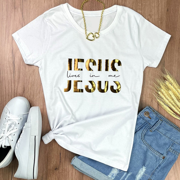 Camiseta Jesus Vive em Mim Moda Evangélica T-shirt Feminina Baby Look Gospel Algodão Blusa Camisa