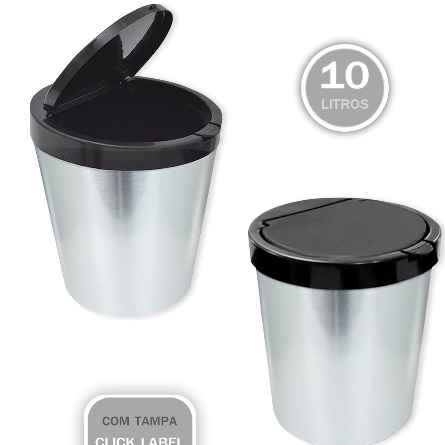 Lixeira Cesto de Lixo 10L Imita Inox Tampa Click Label Automática Arqplast Para Cozinha, Banheiro e Escritório