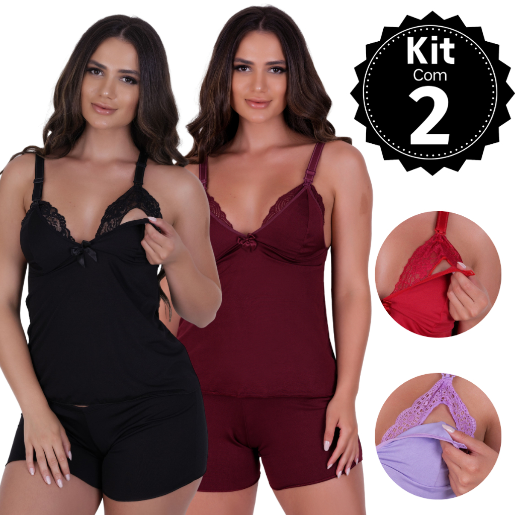 Kit 2 Baby Doll Amamentação Pijama Gestante Maternidade pós parto abre fácil