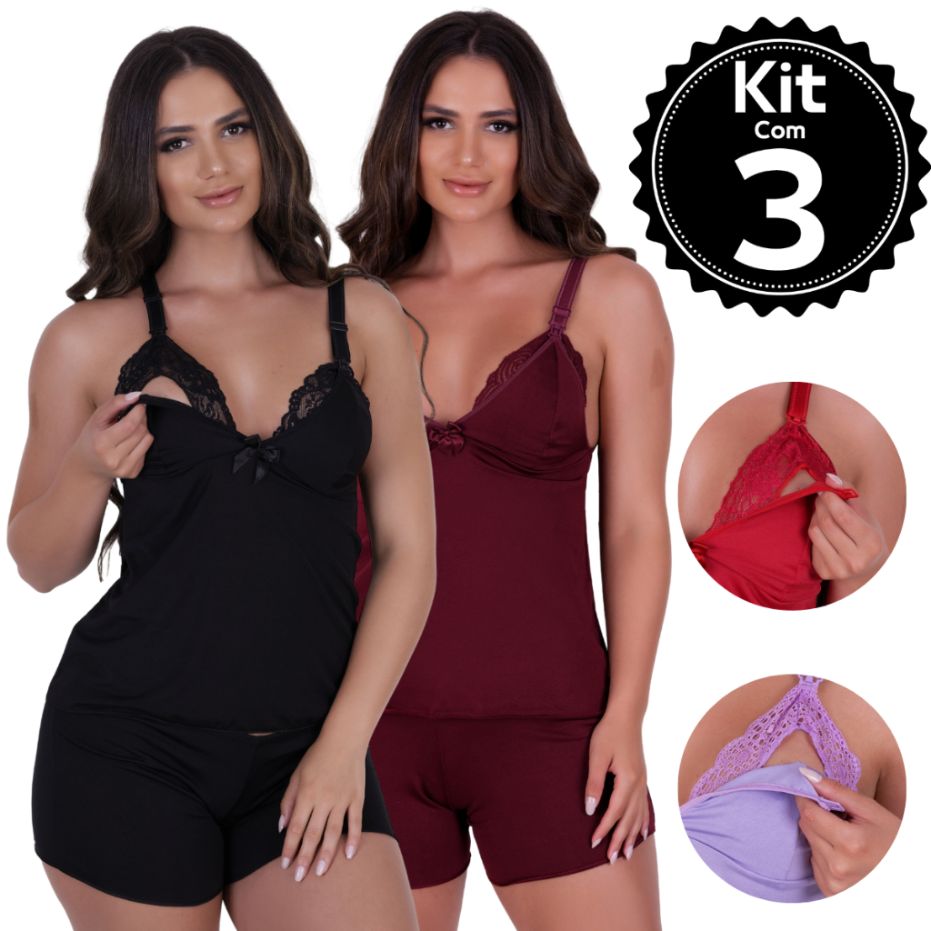 Kit 3 Baby Doll Amamentação Pijama Gestante Maternidade pós parto abre fácil