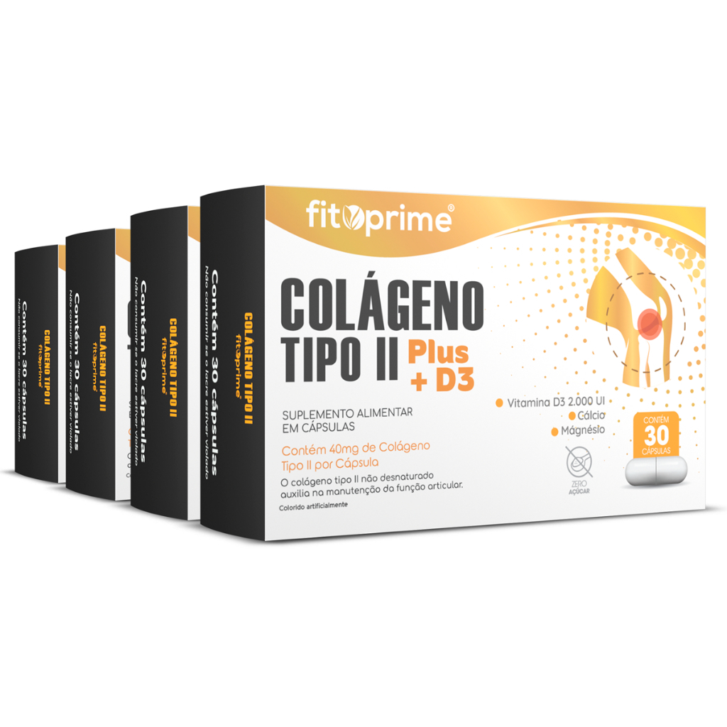 Kit 4 caixas de Colágeno Tipo 2 Plus + Vitamina D3, Cálcio, Magnésio com 30 cápsulas Fitoprime