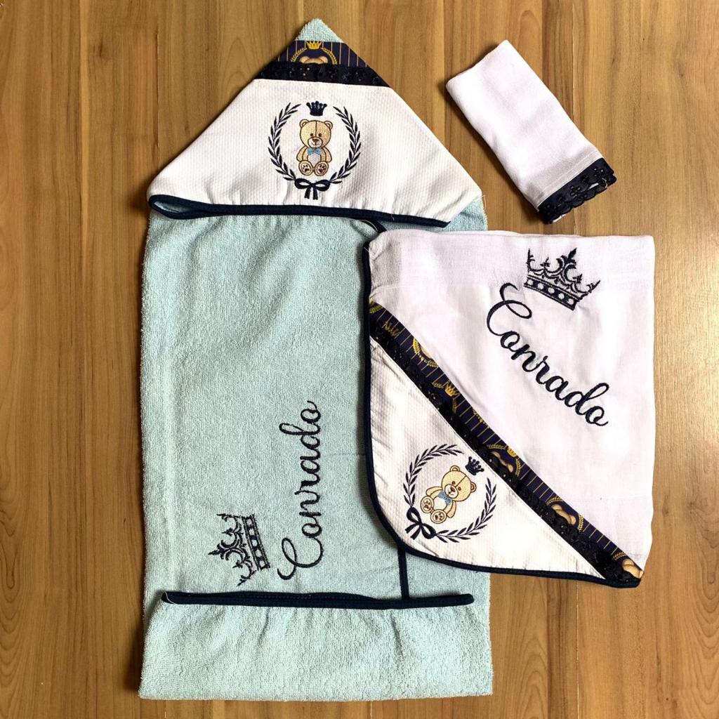 Kit 3 Toalha de Banho Para Bebe Infantil Com Capuz Felpuda Personalizada + Pano de Boca + Toalha de Ombro
