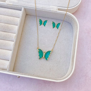 Kit banhado a ouro cordão e brincos borboleta de pedra zircônia dourado