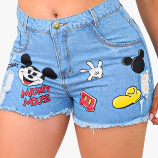 Short Jeans Feminino Desenho Disney Silkado Estampa Mickey