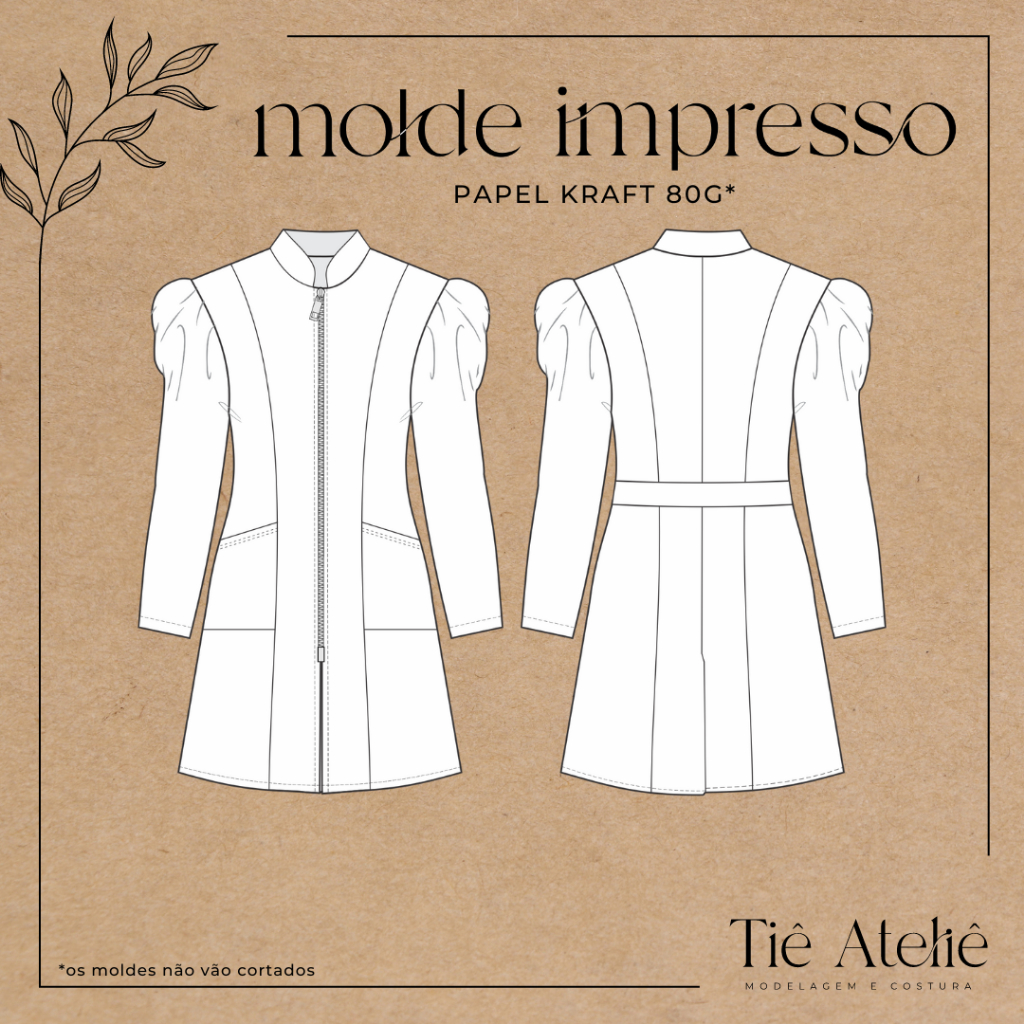 MOLDE EM PAPEL KRAFT DE JALECO FEMININO COM MANGA BUFANTE E ZÍPER MODELAGEM  PARA COSTURA em Oferta na Shopee