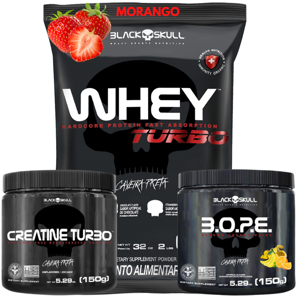 Whey Protein Turbo 907g + Creatina Monohidratada 150g + Pré-Treino B.O.P.E 150g Bope - Kit Suplemento Black Skull