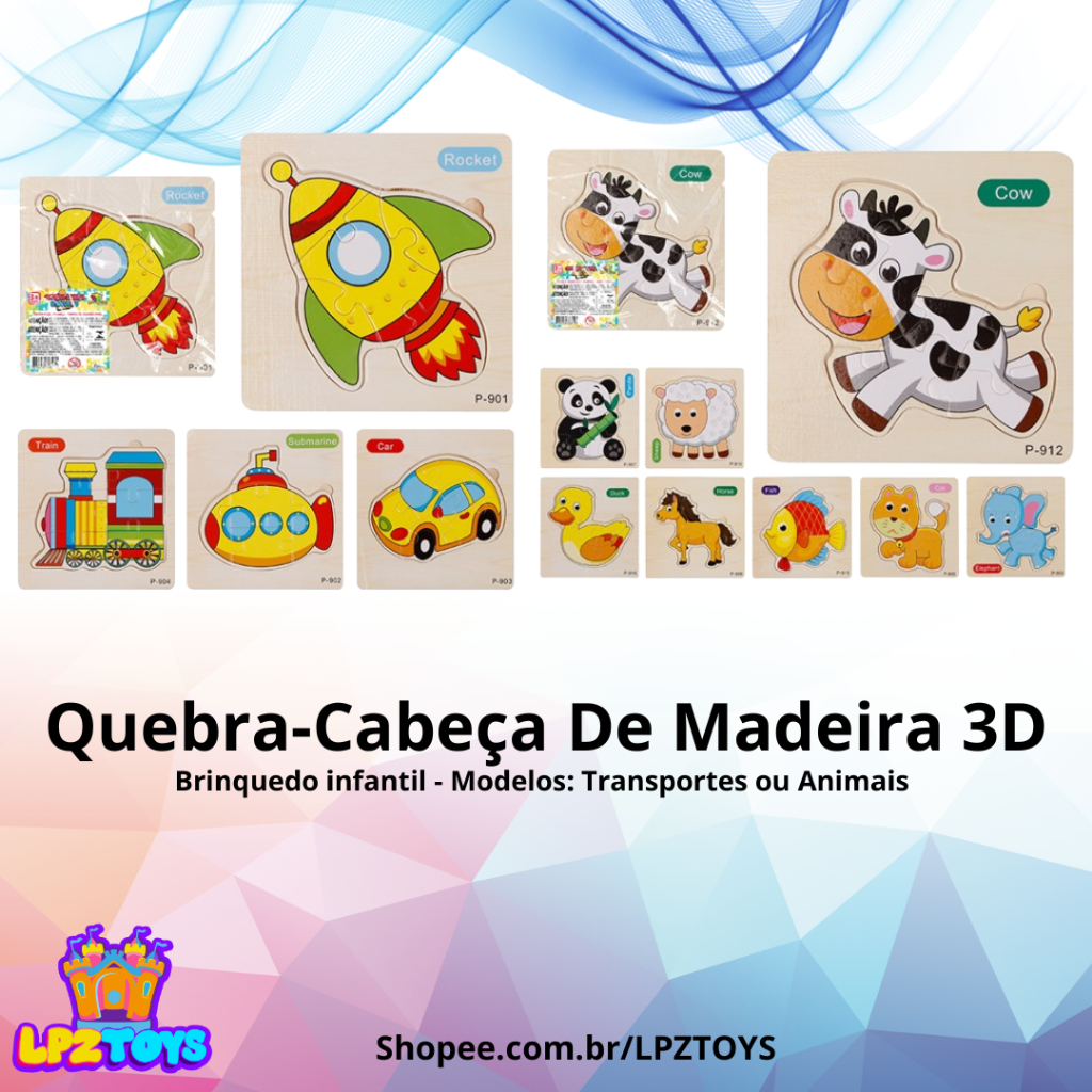 Quebra-Cabeça De Madeira 3d De Desenho De Animais ou transportes - Educação Infantil Em Formato tangram