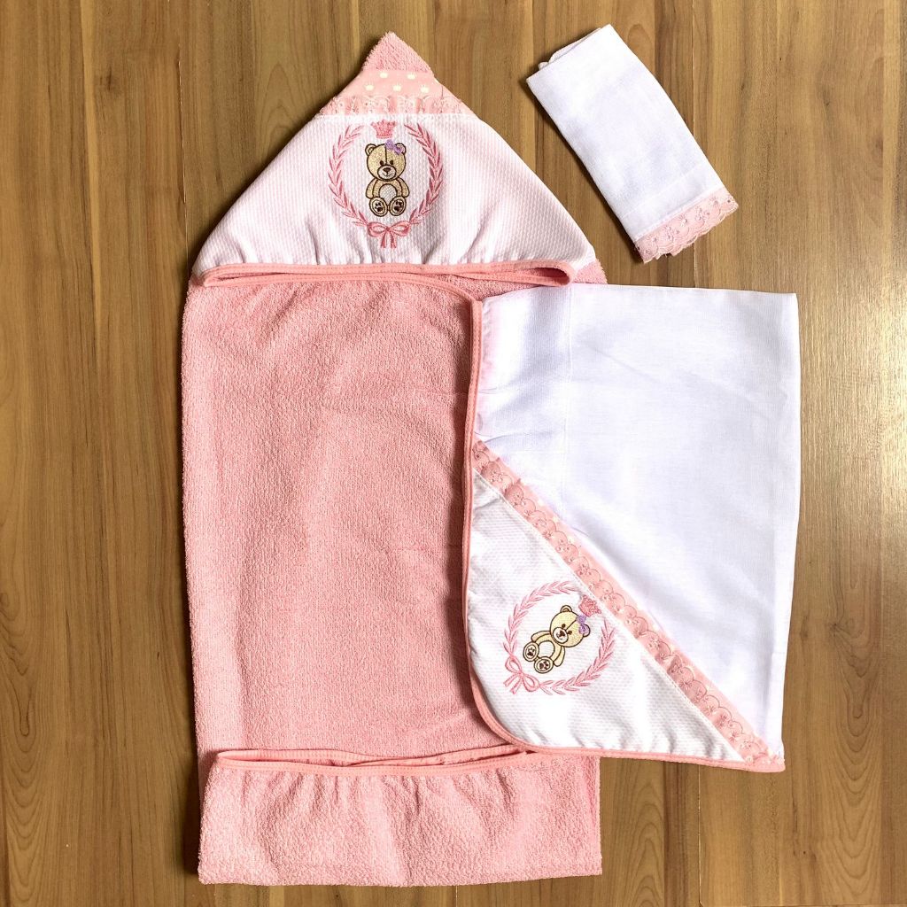 Kit 3 Toalha de Banho Bebe Infantil Com Capuz Para Menina + Toalha Fralda de Ombro + Toalhinha Toalha de Boca Menino