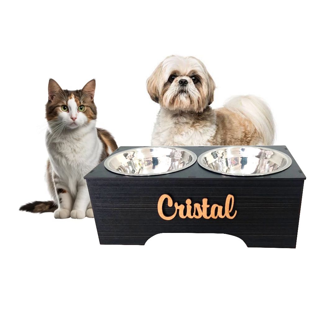 COMEDOURO DUPLO ELEVADO GATOS CÃES DE PEQUENO PORTE 3MM PRETO PERSONALIZADO