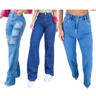 Kit 3 Calça Wide Leg Jeans Feminina Cintura Alta Sem Lycra