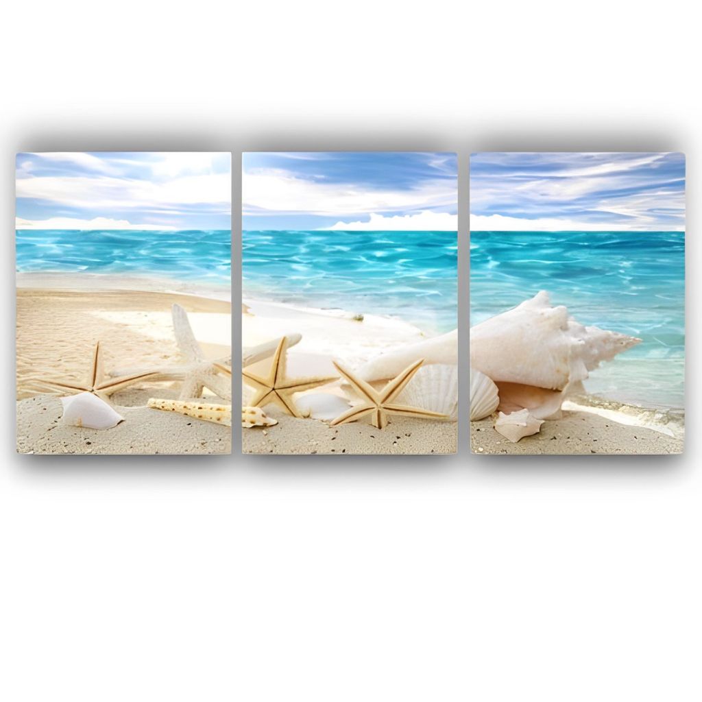 Quadros Decorativos 3 Peças  Praia Relax Estrela Do Mar Concha 120x60