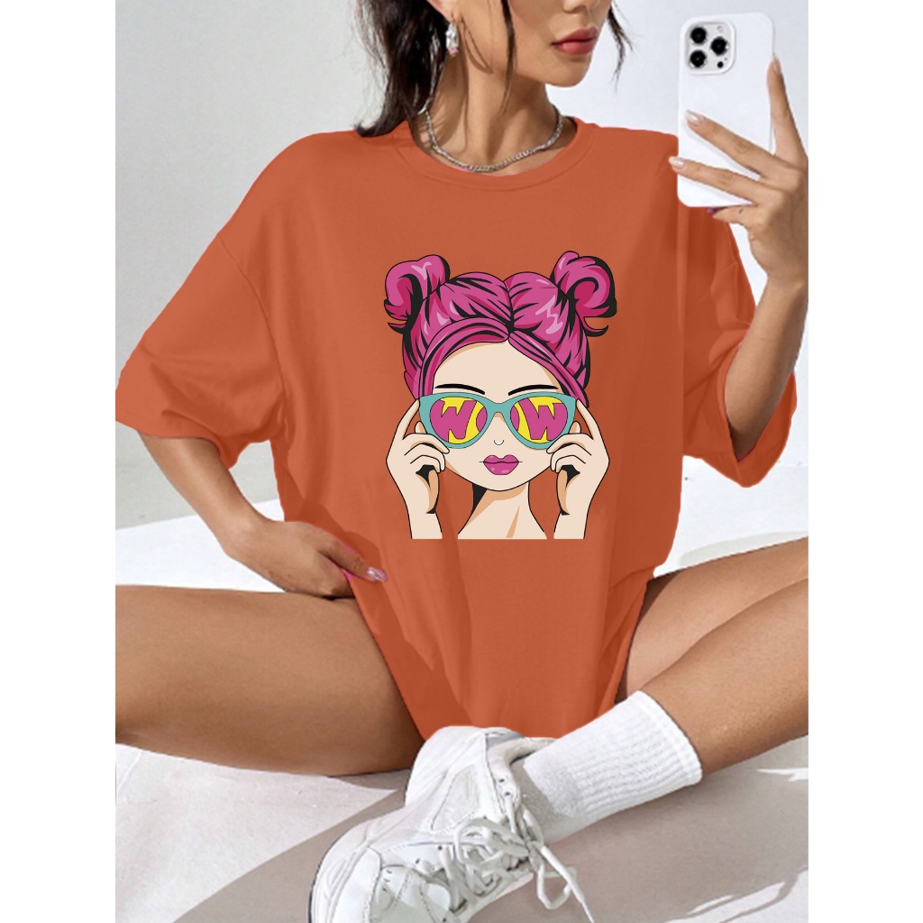 Camiseta Oversized Cor Coral Confortável Casual Show Estilo Gringa Estampada Cabelo Rosa Blogueira 