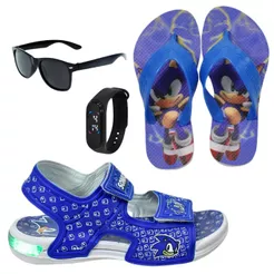Sandália Papete De Led Infantil Masculina Personagem Confortável + Chinelo Óculos Relógio