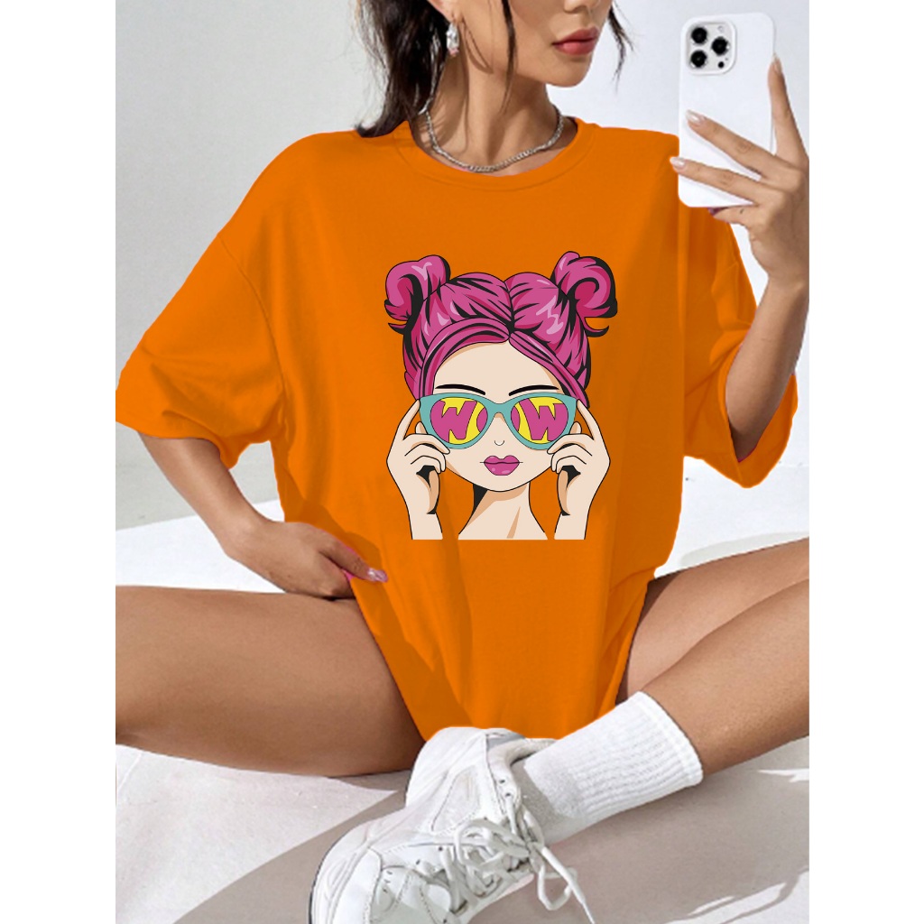 Camiseta Estilosa Laranja T Shirt Confortável Oversized Larga Estampada Cabelo Rosa Casual Moda Urb