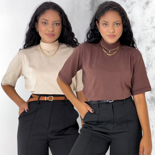 T-Shirt Feminina Camiseta Gola Alta 100% Algodão Básica Lisa Várias Cores