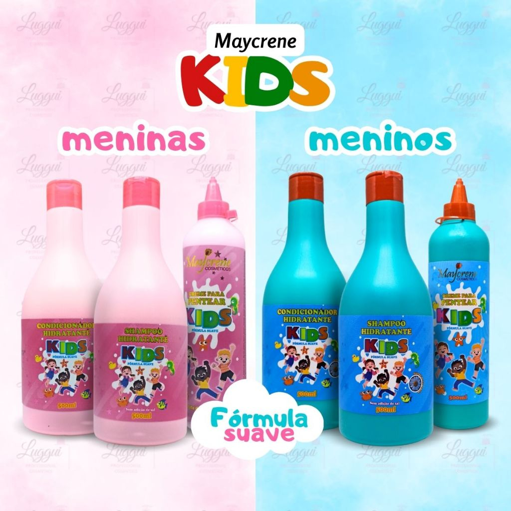 Kit KIDS para Meninos e Meninas (Shampoo e Condicionador 500ml + Creme de Pentear 300g) Maycrene - Azul ou Rosa ESCOLHA O SEU em Oferta na Shopee