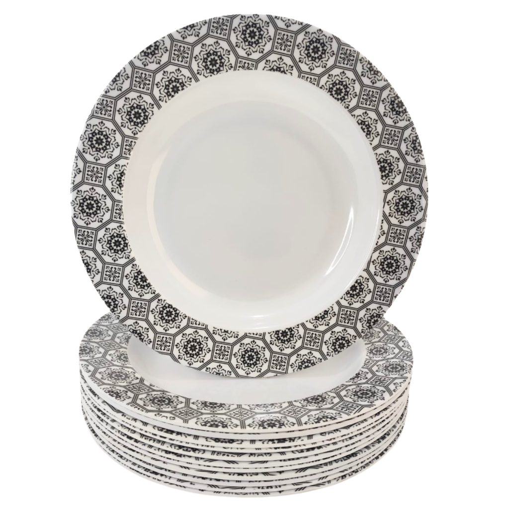 Kit C/12 Prato Fundo Jantar Jogo Branco Com Preto Lindo