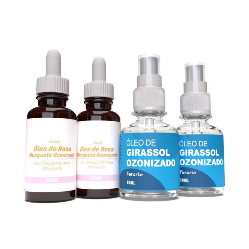 kit 2 óleos de girassol ozonizado Ferart 2 óleos de rosa mosqueta cicatrização, acne, celulite, estrias, escaras uso pet