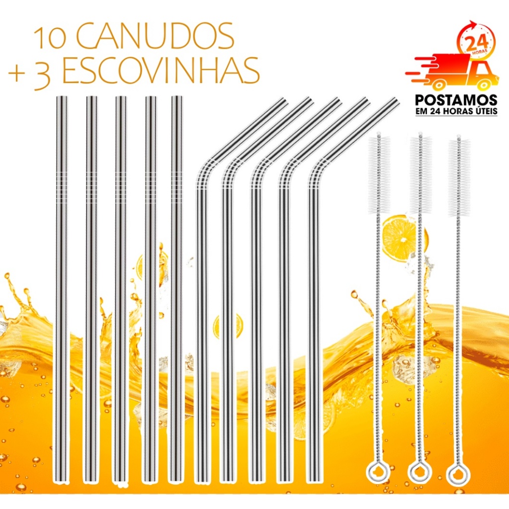 Kit 10 Canudos + 3 Escovinhas para limpeza Aço Inox Lavavel Reutilizavel 5 retos e 5 curvados 21 cm em Oferta na Shopee