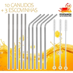 Kit 10 Canudos + 3 Escovinhas para limpeza Aço Inox Lavavel Reutilizavel 5 retos e 5 curvados 21 cm