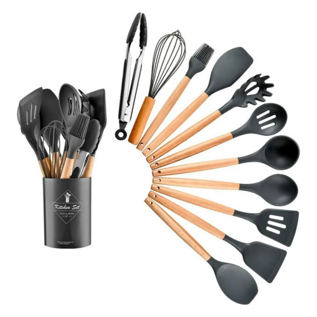 KIT de Utensílios Para Cozinha em Silicone e Bambu 12 Peças LOJA CJ IMPORTS