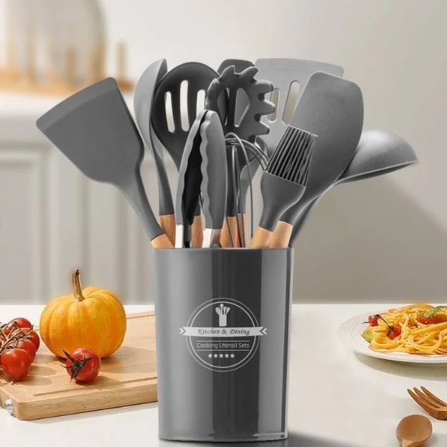 KIT de Utensílios Para Cozinha em Silicone e Bambu 12 Peças Livre BPA free