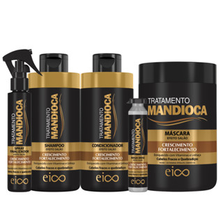 Kit Eico Tratamento Mandioca Shampoo 450ml e Condicionador 400ml + Máscara Hidratação 1Kg + Spray Proteção Térmica 120ml