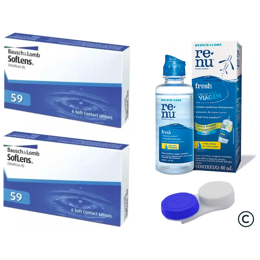 Lente de Contato Soflens 59 / 2 Caixas uso mensal + estojo + Renu 60ml