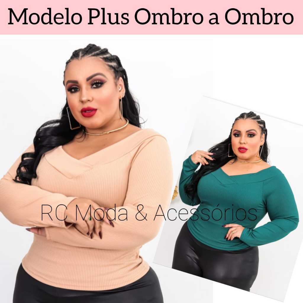 Blusinha Blusa Cropped Feminino Plus Size Canelada Manga Longa Ombro a Ombro Elegante Modelo All Curve